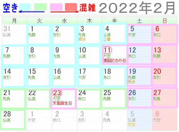なばなの里混雑予想カレンダー【2022年2月】